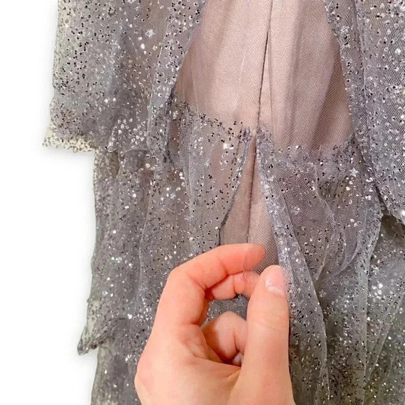 NWT Marchesa Notte Silver Grey Sparkle Tulle Tiered Sleeveless Gown Dress 10 - Picture 14 of 15
